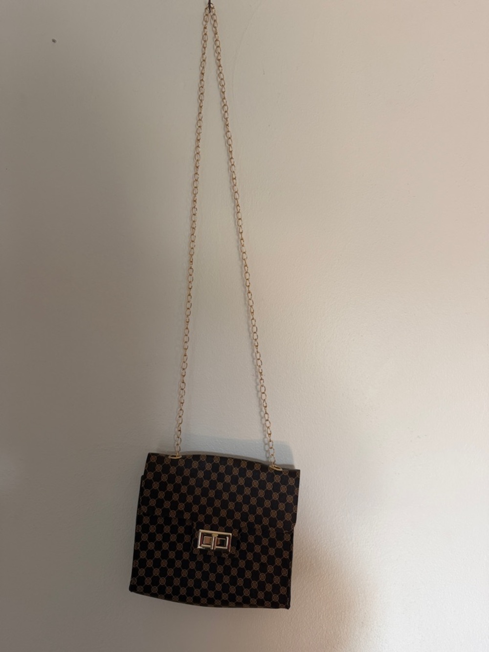 Brown Check Chain-Strap Crossbody Bag with Gold Hardware